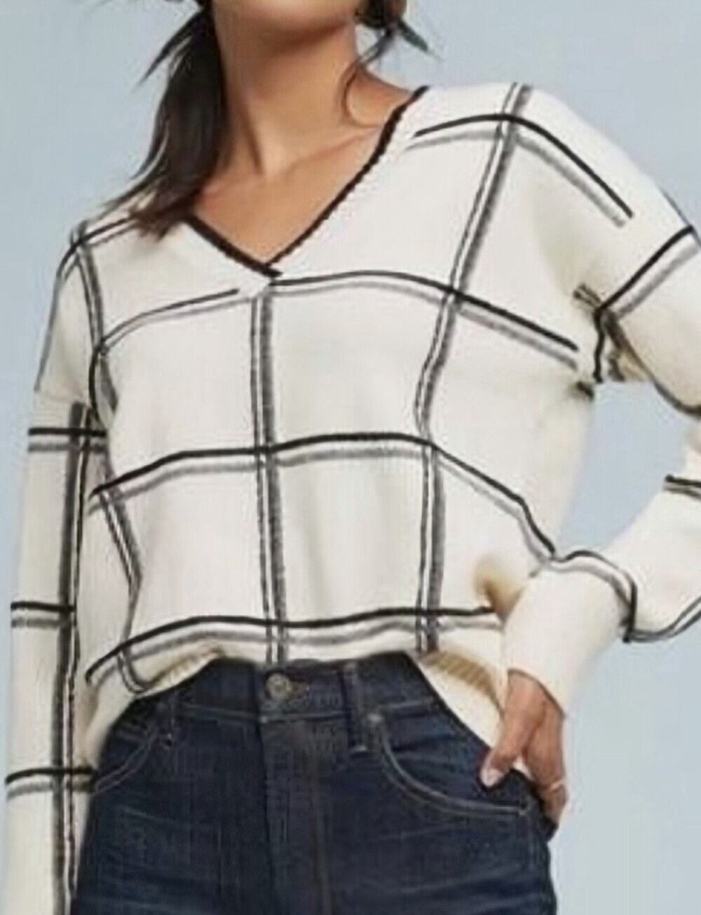 Anthropologie Moth Sweater Medium windowpane plaid cottagecore minimalist luxury